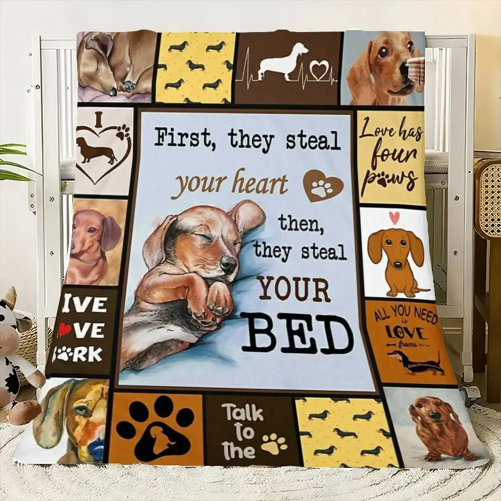 Dachshund Lovers Cozy Blanket - Adorable Collage of Dachshund Illustrations with Heartwarming Quotes and Paws Design - Perfect f
