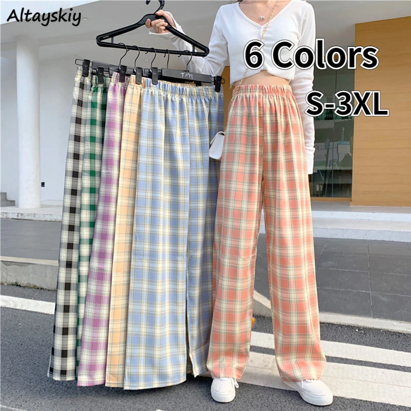 

S-3XL Pants Women Friend Plaid Colorful All-match Students BF Ulzzang Chic Wide Leg Soft Loose Elastic Waist Baggy Stylish Cool