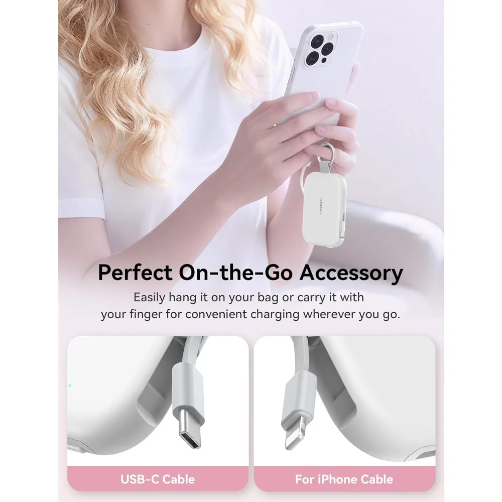 

Портативное зарядное устройство Power Bank 5000 мАч со встроенными кабелями, брелок для путешествий, зарядное устройство для iPhone 17, 16, 15, 14, 13, 12, для AirPods 2 3