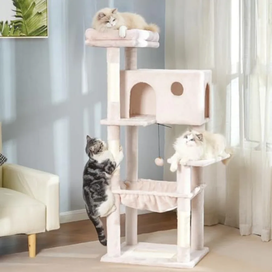 

Indoor cat tree with large hammock sisal scratching posts plush top bed spacious condo house and dangling ball; beige and gray