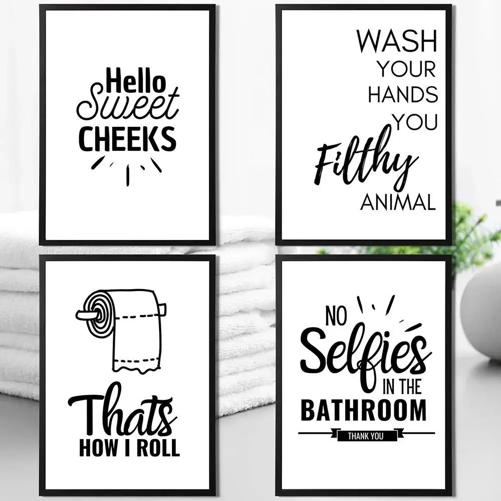 Lustiges Badezimmer-Wandbild auf Leinwand, stilvolle nordische Schwarz-Weiß-Posterdrucke mit Toiletten-Humor für die Heimdekoration
