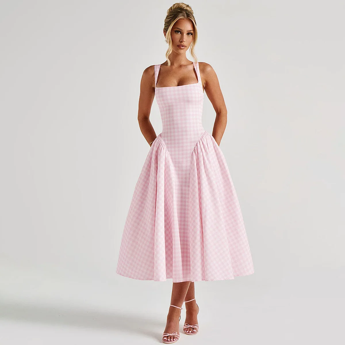 

Elegant Plaid Print Straps Ruched Sexy Bodycon Maxi Prom Dress Summer Women Fashion Y2K Outfits Birthday Party Festival