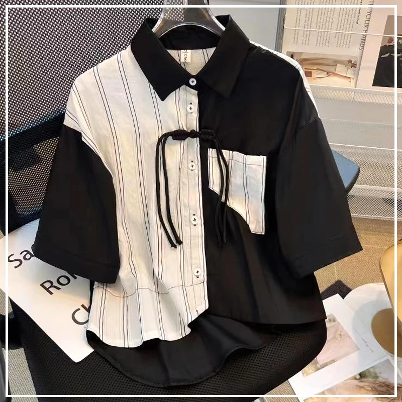 2024 New Summer Loose Fitting Casual Minimalist Fashion Lapel Button Striped Printed National Style Short Sleeved Shirt for Men