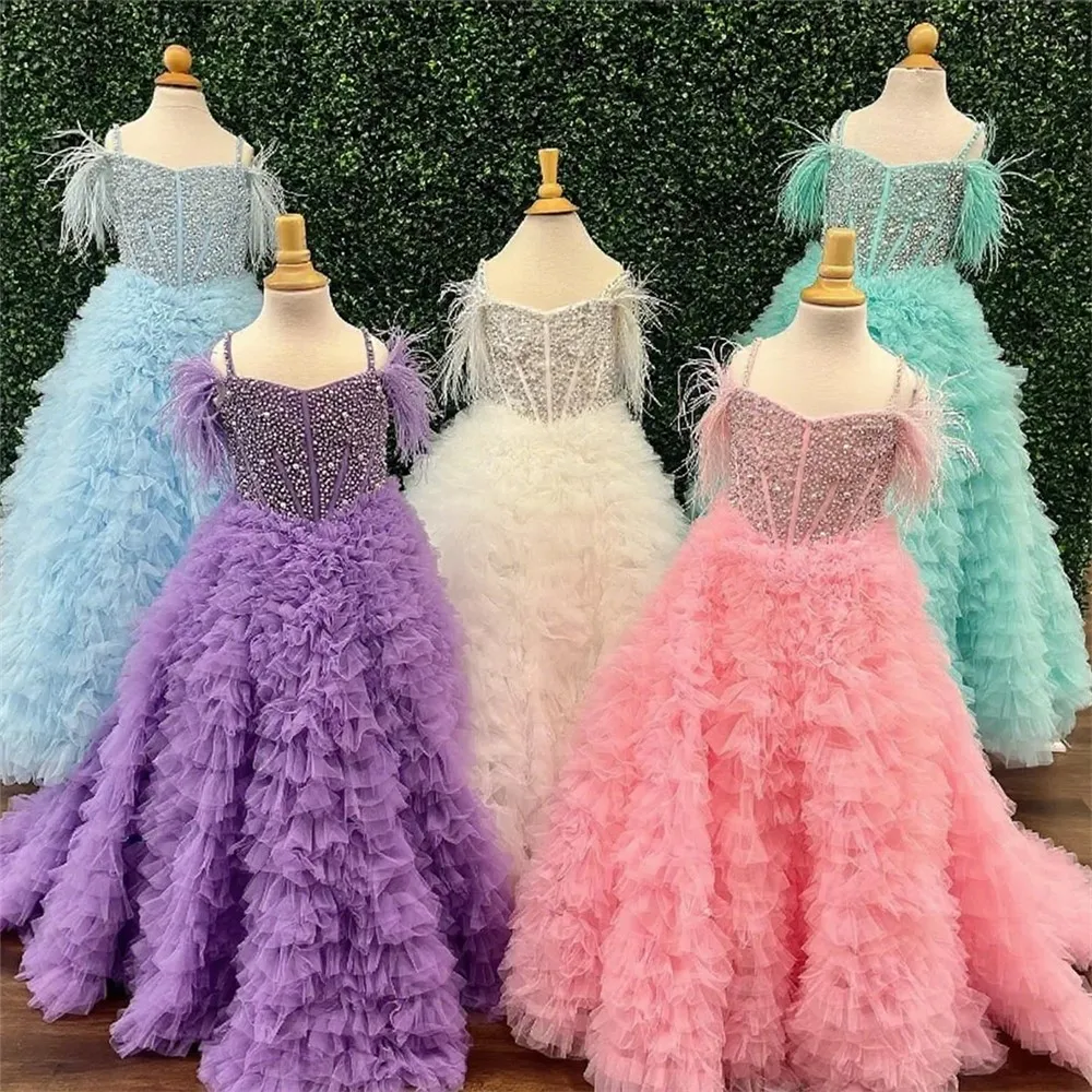 

Luxury Flower Girl Wedding Dress Appliques Beading Feather Princess Birthday Party Pageant Dress Kids First Communion Gown