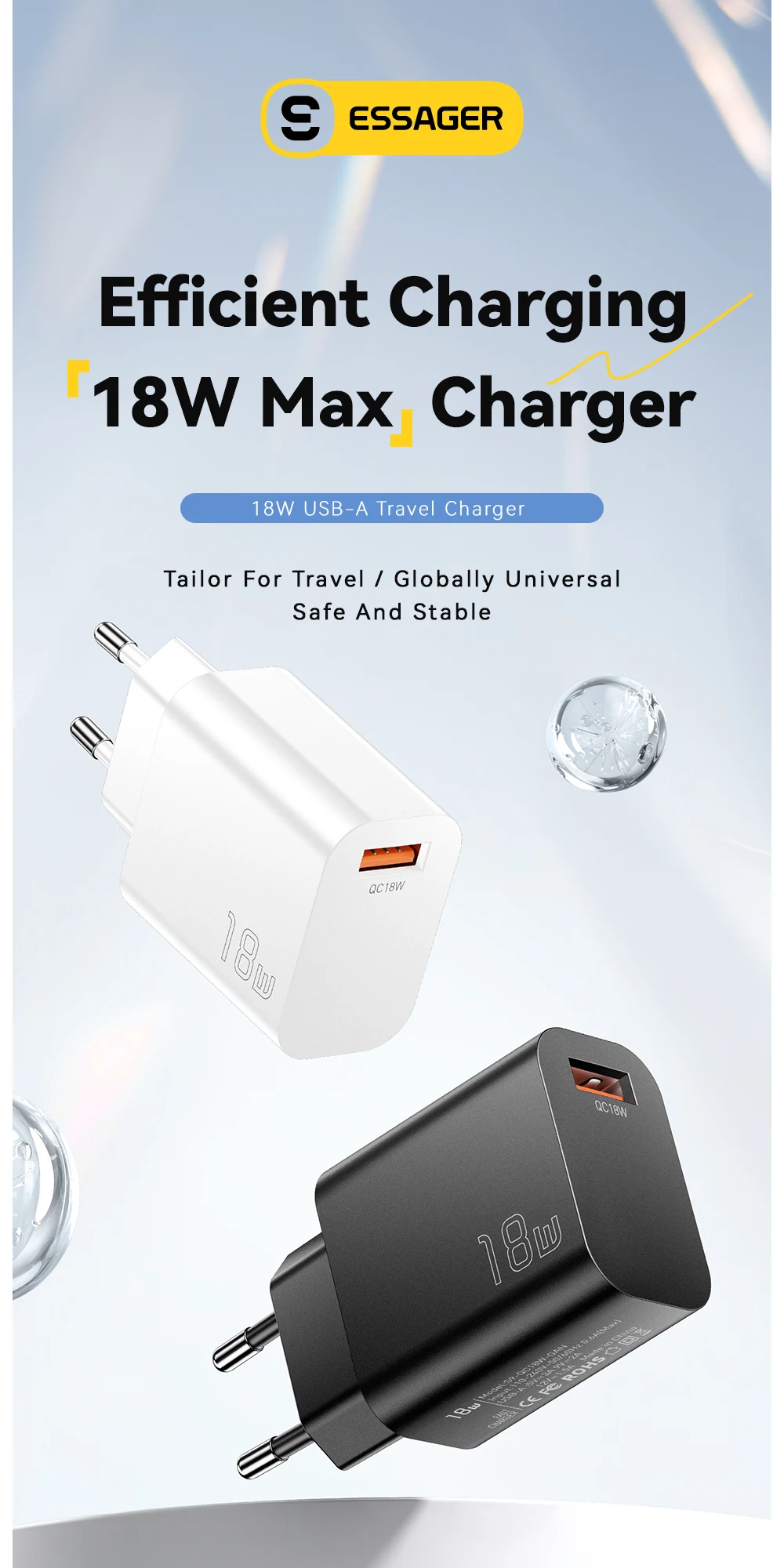 Essager 18W QC3.0 USB A Charger USB Quick Charge 3.0 Fast Wall Charger for Samsung S24 Huawei Xiaomi iPhone Mobile Phone Charger