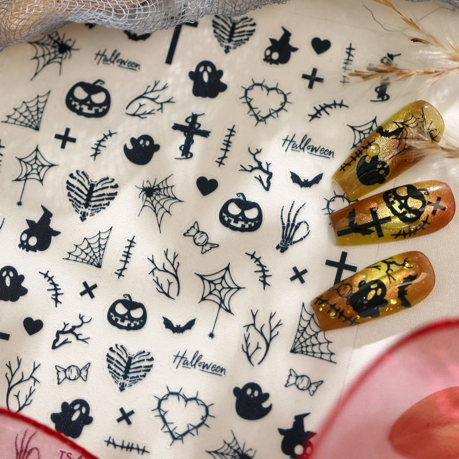 Dark Line Bone Cross Heart Skull Pumpkin Dry Branch Web Palm Candy Skeleton 5D Nail Stickers Self Adhesive Gothic Nail Decor
