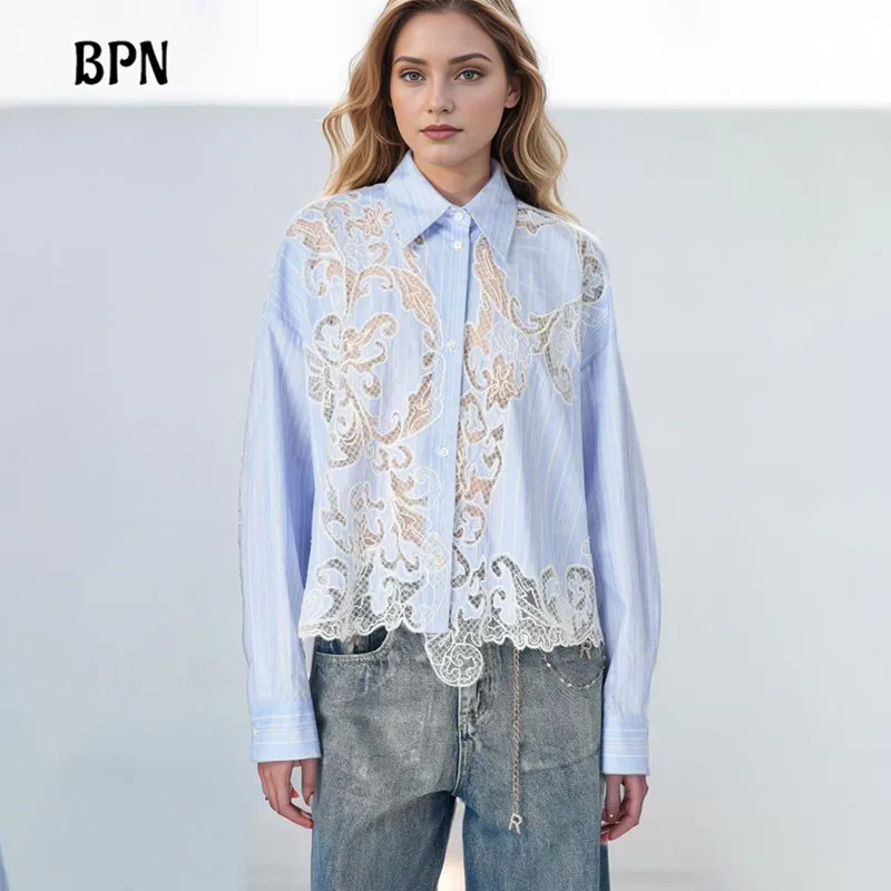 

BPN Elegant Patchwork Lace Blouses For Women Lapel Long Sleeve Spliced Single Breasted Casual Striped Shirts Female Fahsion New