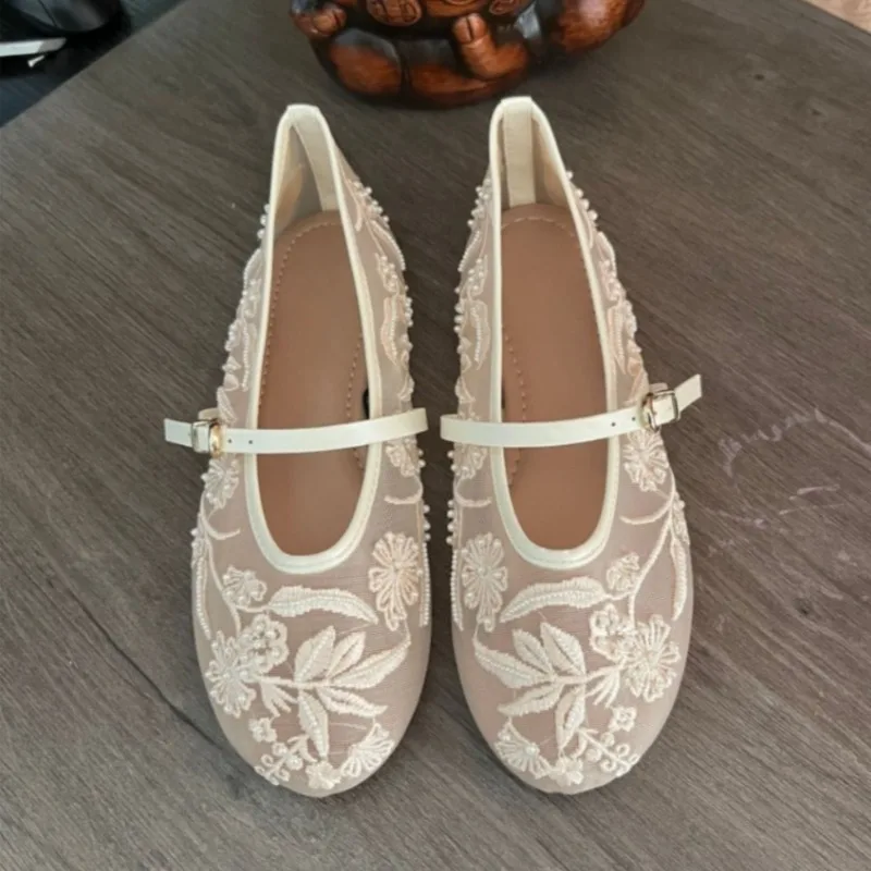 

YNPO 2026 New Women Mary Jane Flats Round Toe Floral Embroidered Mesh Strap Summer Comfortable Breathable Daily Walking Shoes