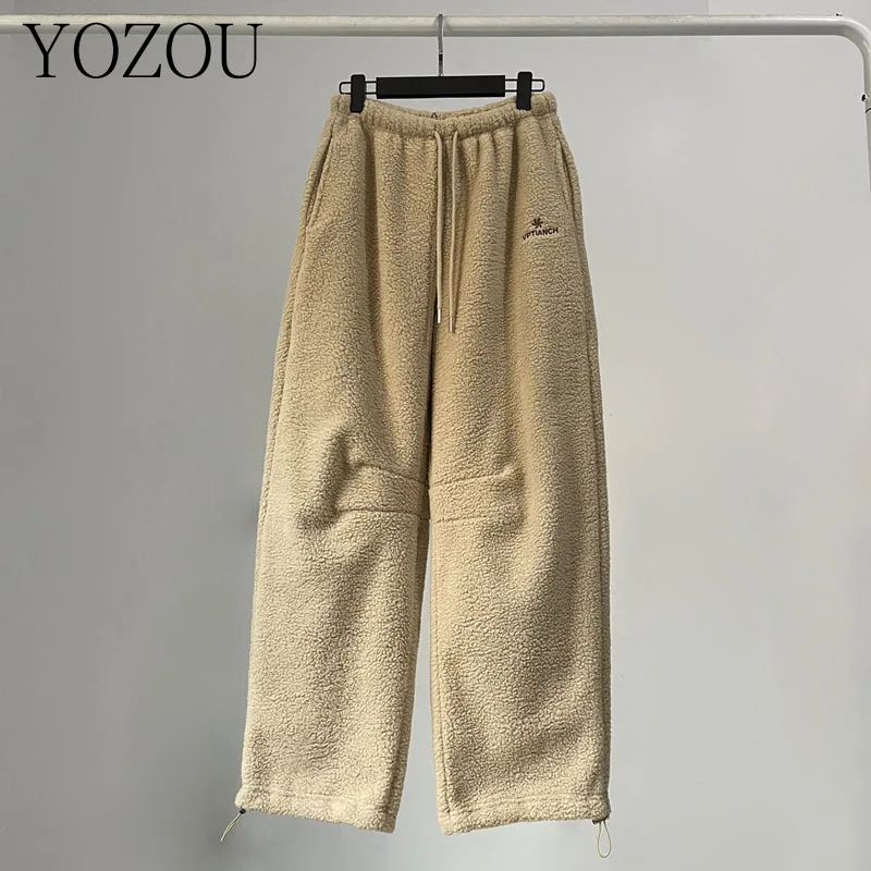 [YOZOU] Winter Warm Thick Fleece Baggy Trousers Teddy Brushed Pants Woman Padded Joggings Bottoms Sweatpants Korean Black Khaki