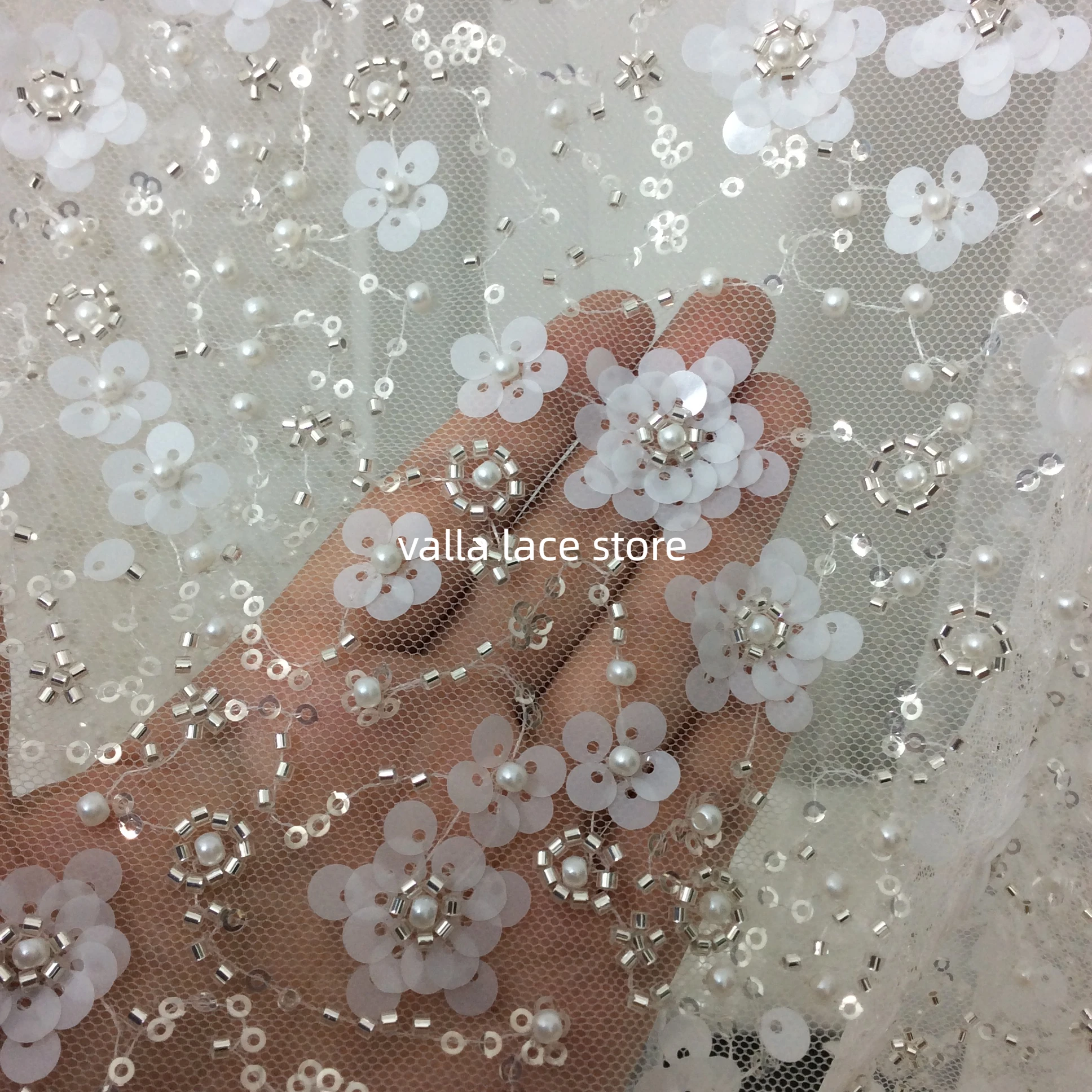 Luxury Sequins Flower Embroidered Beads Lace Fabric Sequin Bride  Shiny Wedding Dress Sewing Accessory