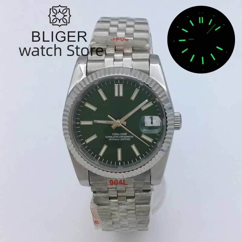 

BLIGER 36mm 39mm sapphire glass green dial Date Green Luminous NH35A Movement automatic Men's watch stainless steel strap