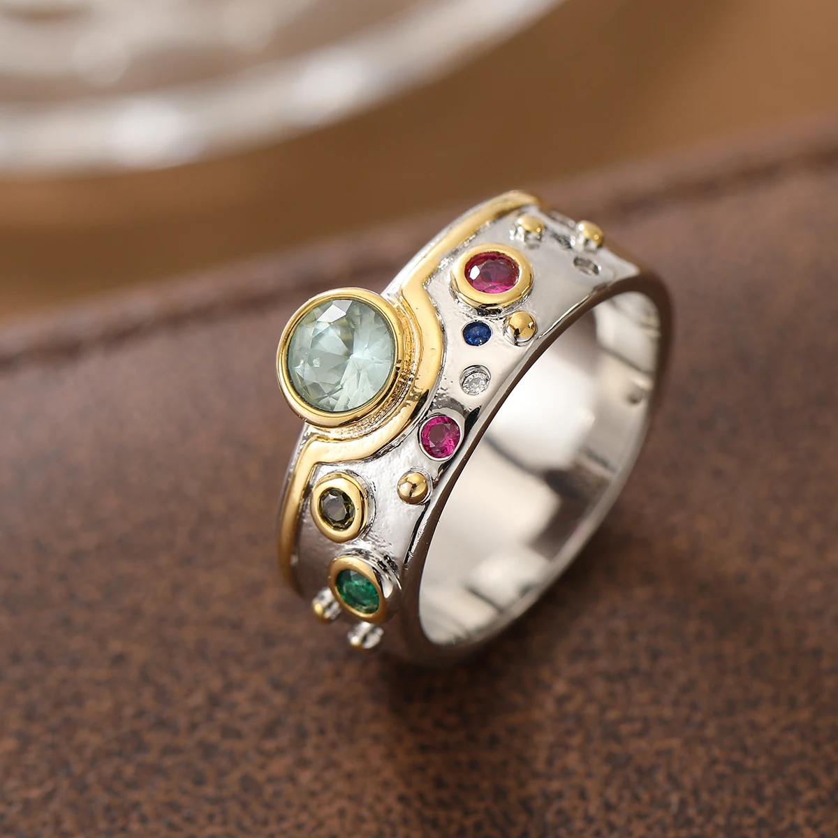 Vintage Farbiger Kunststein-Ring aus Kupfer, Modischer Zweifarbiger Luxus-Damenring, Schmuckgeschenk – Detail 3