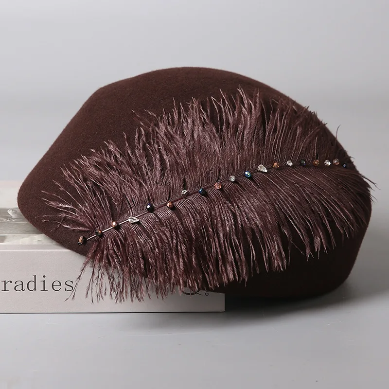 Japanese Hand-sewn Rhinestone Feathers Women Winter Australian Wool Woolen Felt Hat Sweet Painter Hat Temperament Stewardess Hat