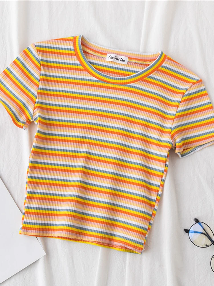 New T Shirt Women Rainbow Striped Tops Slim Fit t shirt Harajuku Tshirt Summer Short Sleeve Korean T-shirt feminina Clothes Tops