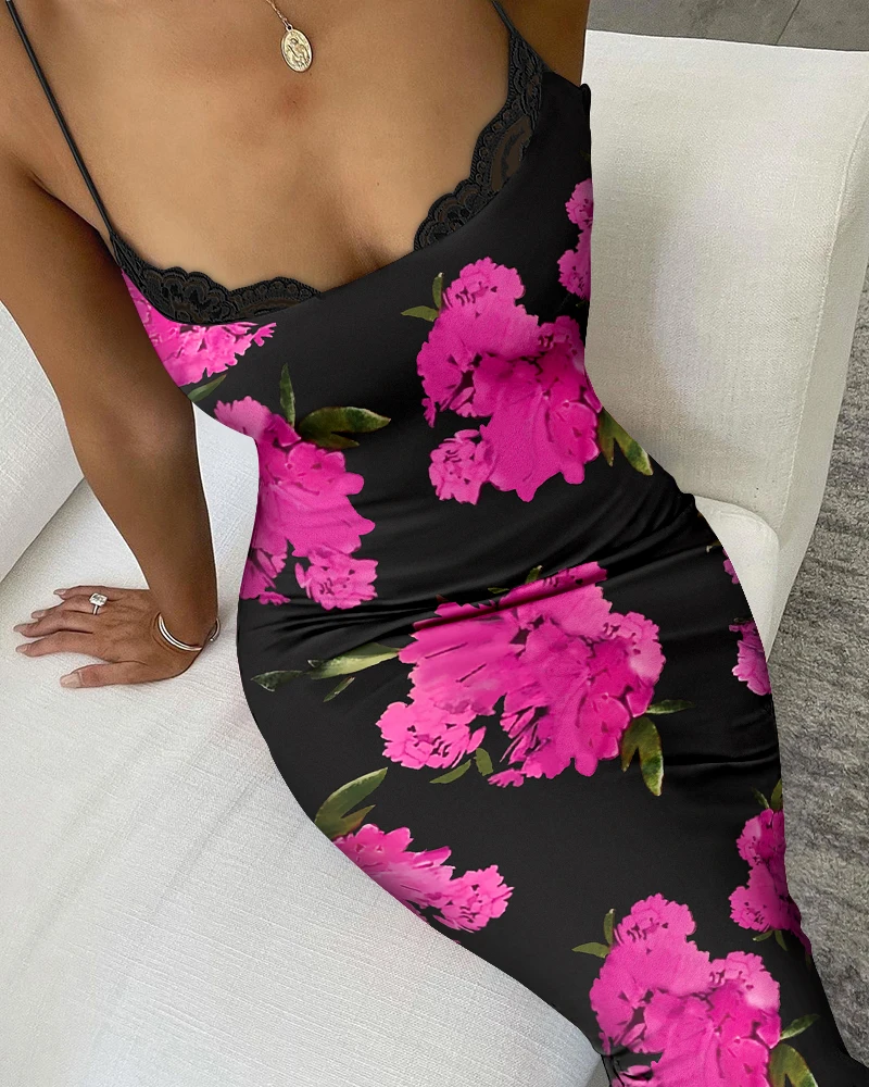 Floral Print Lace Trim Spaghetti Strap Bodycon Dress