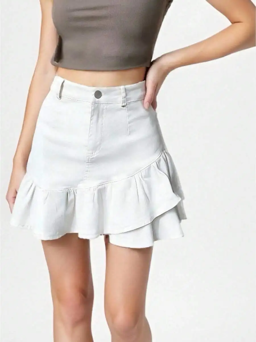 

Women High Waist Ruffled Denim Mini Skirt Casual Streetwear Summer