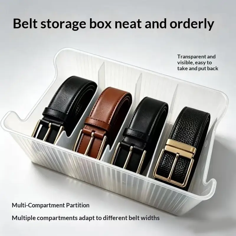 Belt Organizer Box with 4 Grids, Sturdy Space-Saving Storage Rack for Drawer Closet Belts Ties Watch Straps