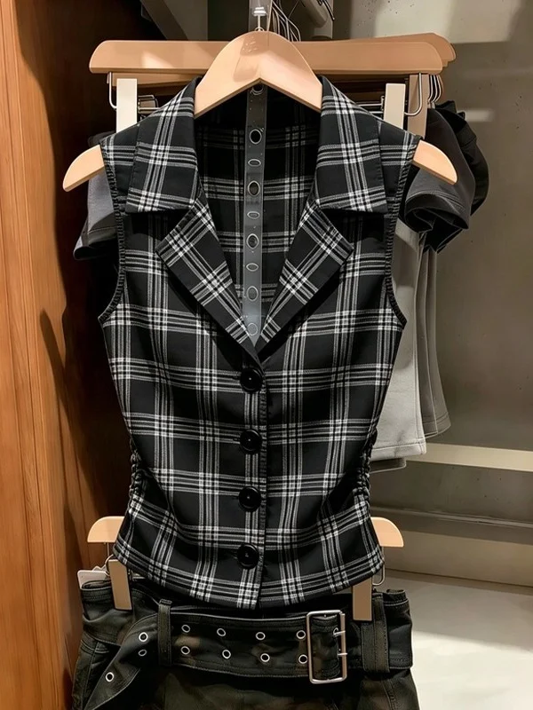 

Retro Plaid Neck Black Sleeveless Slim Fit Single Button Women's Shirt French Style Casual Slimming Top Summer New Arrival