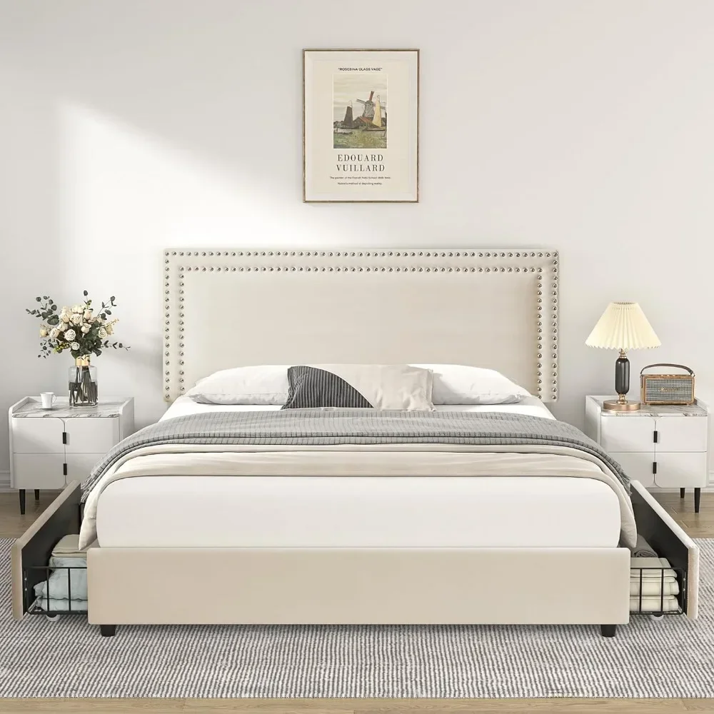 Queen Size Estofados Plataforma Cama Frame, 4 Gavetas De Armazenamento, Veludo Ajustável Rebites Cabeceira, Suporte De Madeira Slats