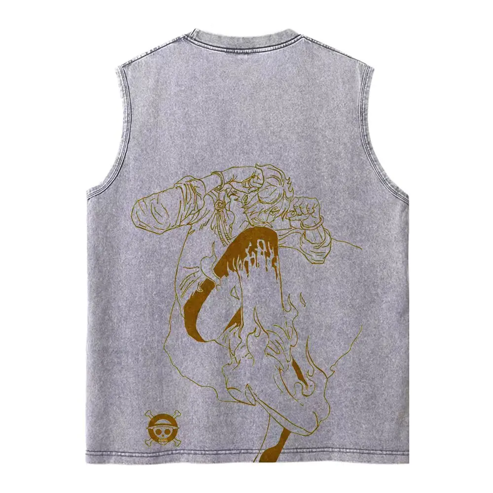 Harajuku Retro Sleeveless T-Shirts Streetwear Vintage Washed Anime One Piece Graphic Print Men Vest Tops Tees Retro Oversize