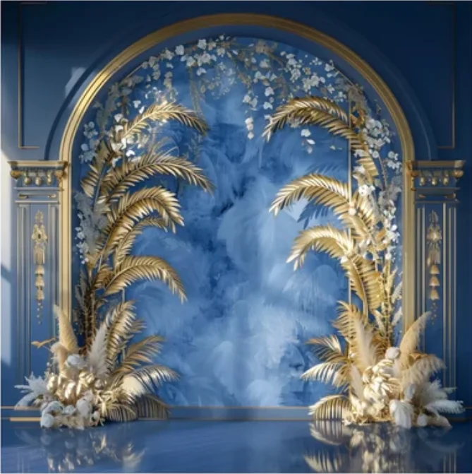 Mehofond 아치 문짝 꽃 사진 배경 웨딩 소녀 생일 파티 베이비 샤워, 보호 팜파스 블루 벽 장식 배경