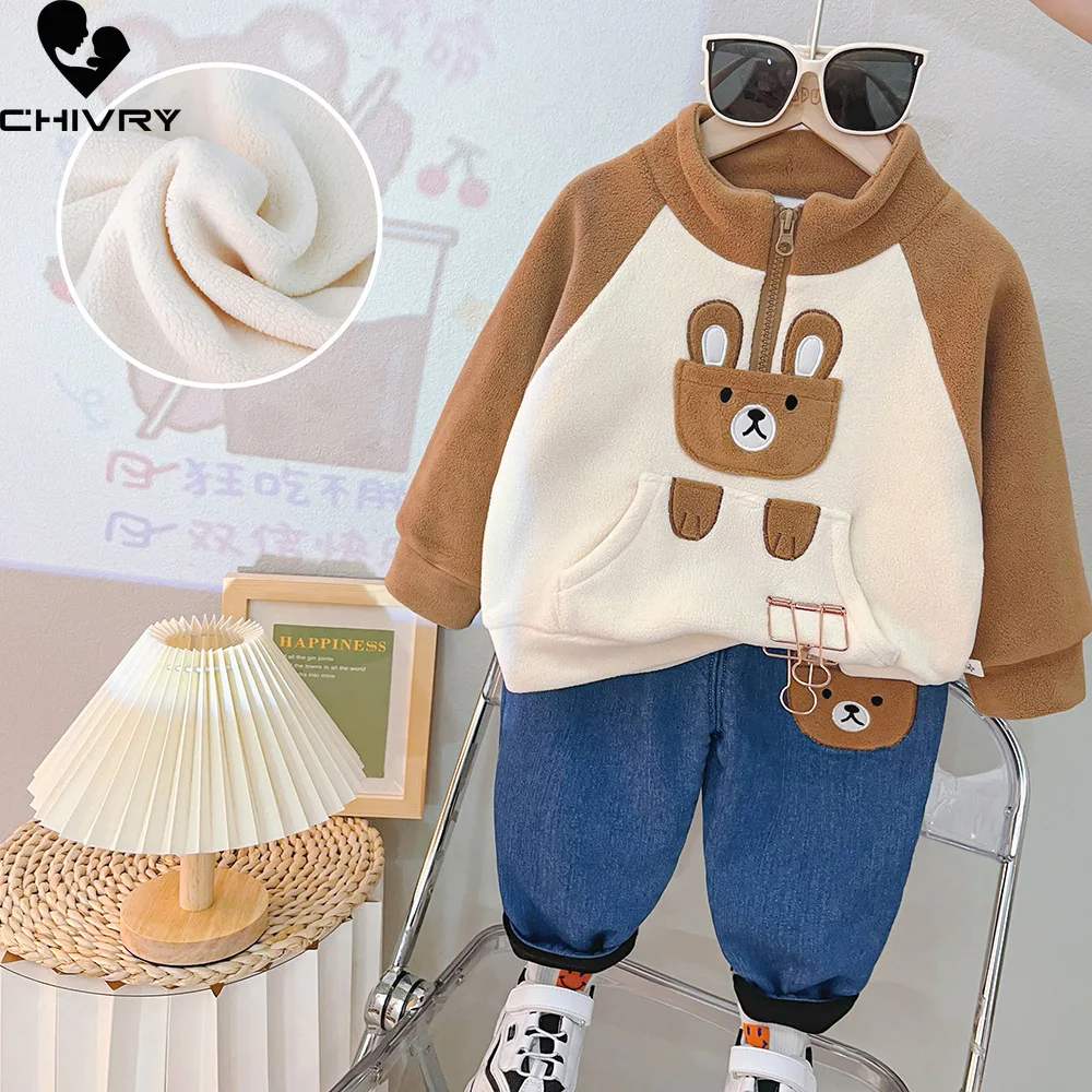 New Kids Boys Winter Cute Cartoon Bear Fleece Thicken Warm Pullover Sweatshirt Tops with Jeans Baby Girls Casual Clothing Sets