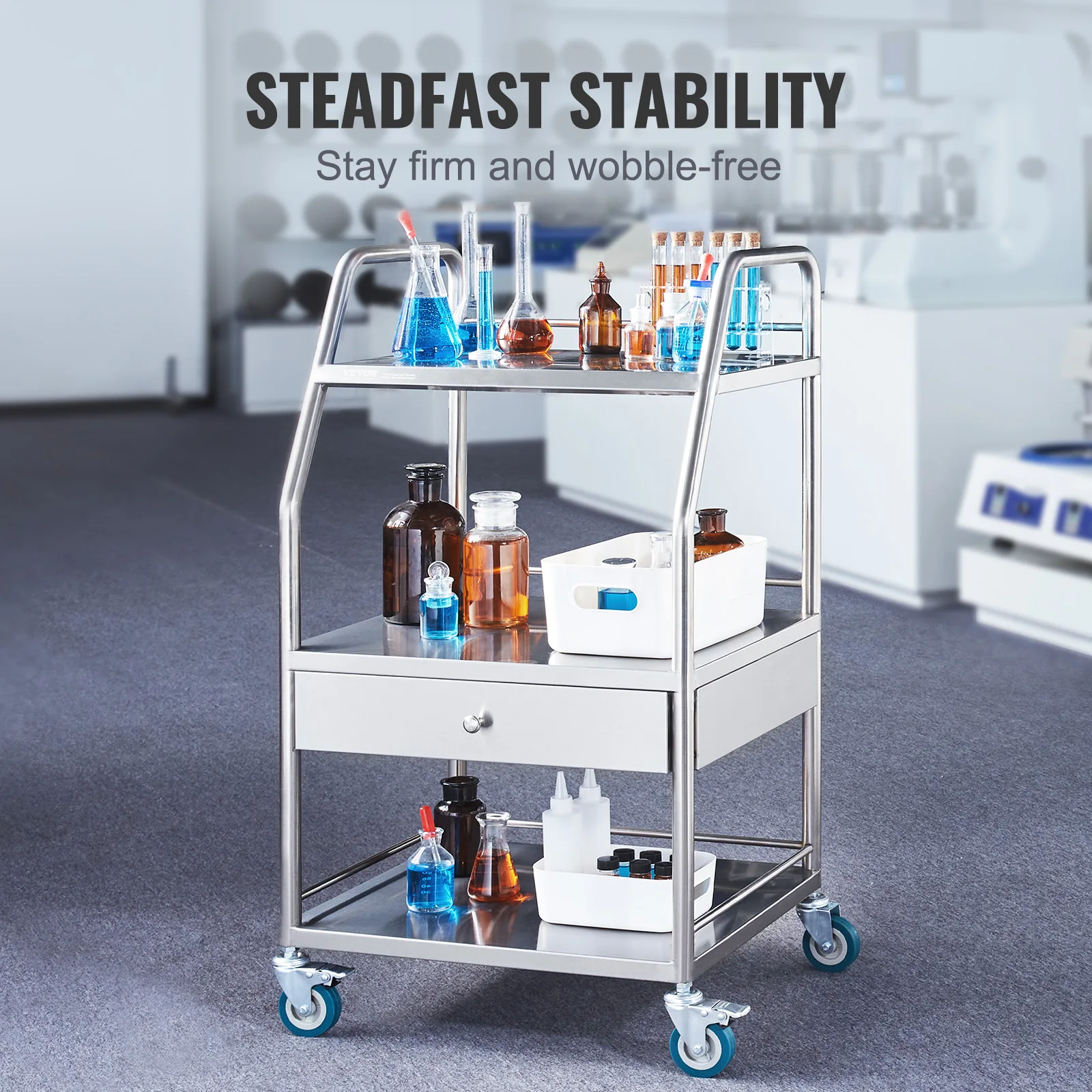 VEVOR Lab Serving Cart 3 Layers Stainless Steel Utility Rolling Cart with A Drawer Medical Cart with Lockable Wheel for Dental