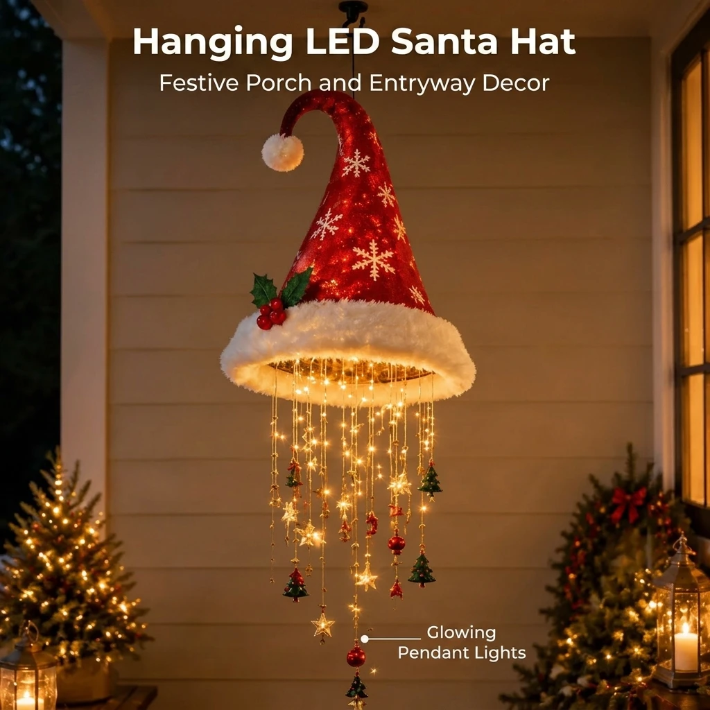 1pc Led Santa Hat Hanging Night Balcony Porch Hanging Decoration Christmas Party Home Store Window Pandent Decorative Night