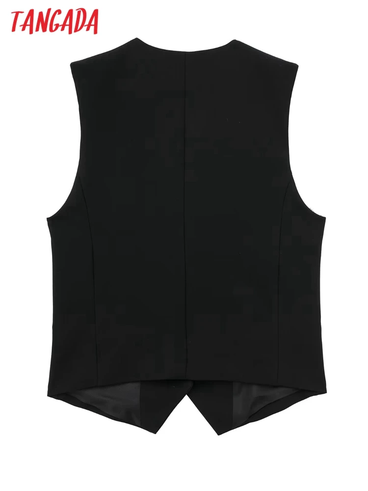 Tangada Women 2023 Black Cropped Waistcoat Vintage V Neck Sleeveless Female Chic Vest 3H650