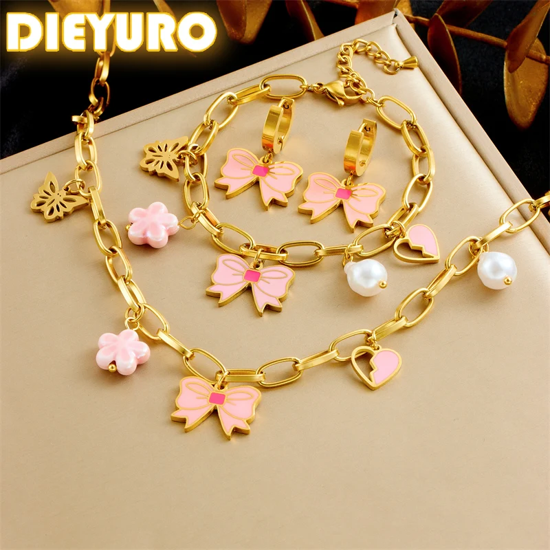 

DIEYURO 316L Stainless Steel Pink Bowknot Heart Flower Pearl Pendant Necklace Earrings Bracelet Set New Trend Waterproof Jewelry