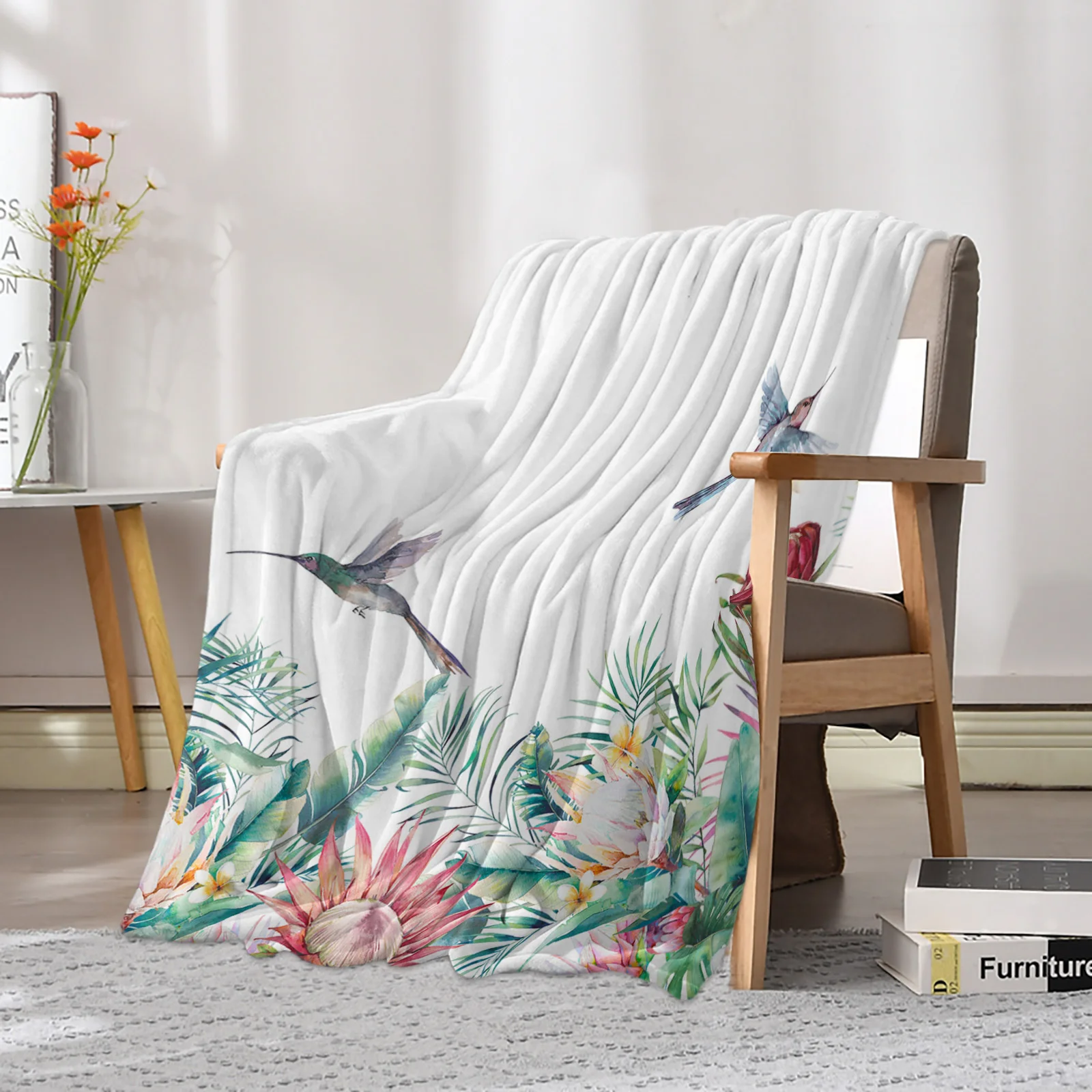 Idyllic Tropical Plants Flowers Hummingbirds Printed Throw Blanket Flannel Fleece Blankets for Sofa Couch Bed Bedroom Bedspread