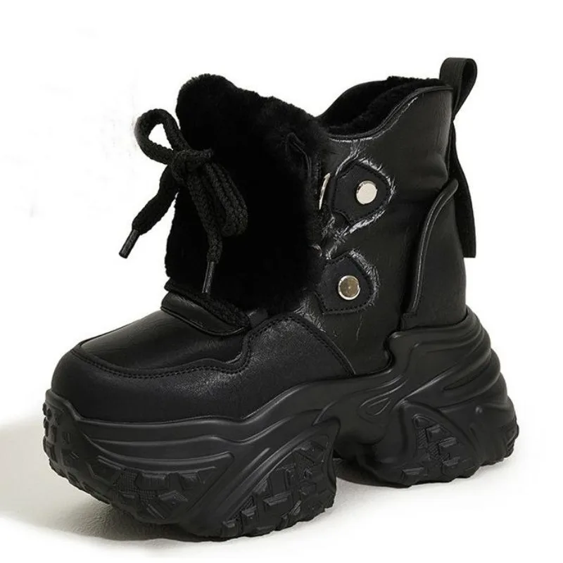 

10CM New Microfiber Leather Fashion Women Ankle Booties Platform Wedge Flats Winter Plush Autumn Spring Warm Shoes Chimney