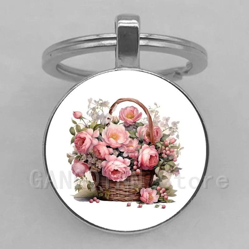 Unique wild rose basket, beautiful flower pictures printed glass convex circular keychain jewelry