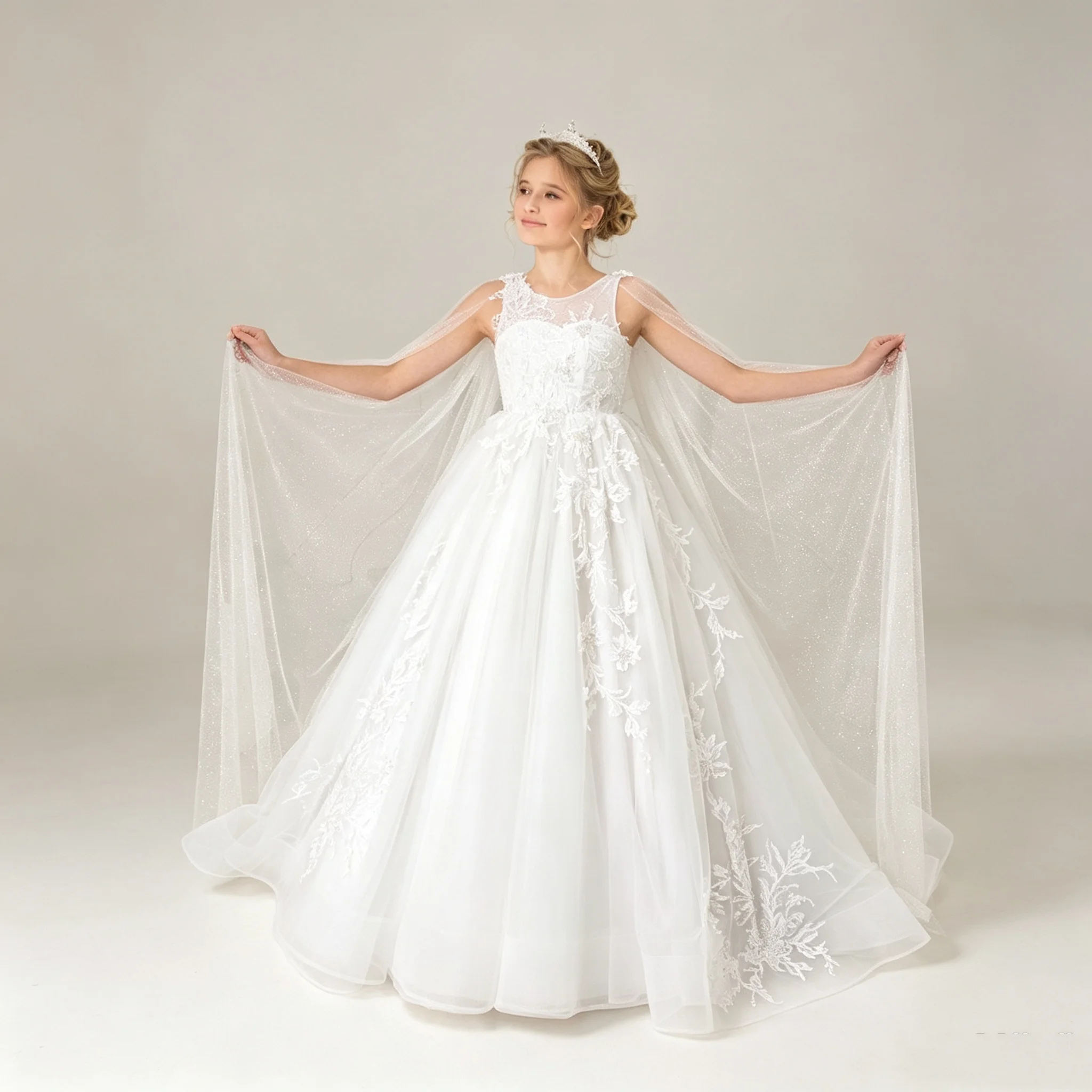 White Tulle Girls Birthday Wedding Dresses Cape Sleeve Lace First Communion Gown Customized Princess Dress