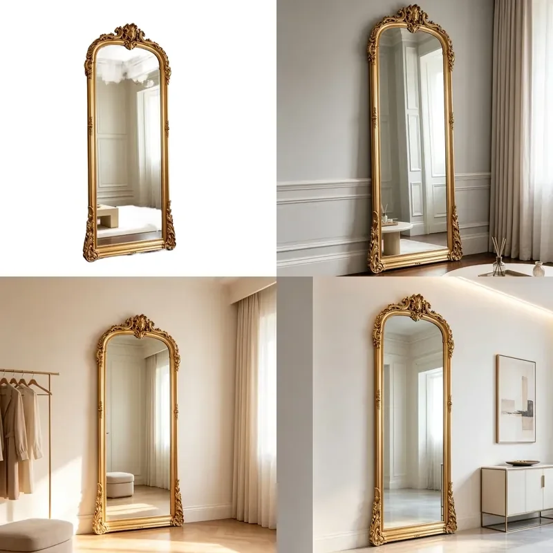 for French Retro Arched Floor to Ceiling Full Length Mirror Villa High End Carved Wall Fitting Classical Atmospheric