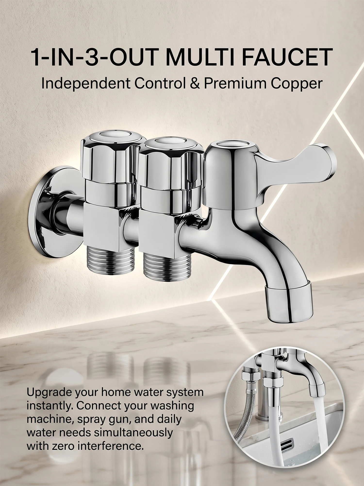 Solid Brass Washing Machine Faucet One In Three Out Four Way Diverter Valve Mop Sink Water Splitter Three Separate Controls