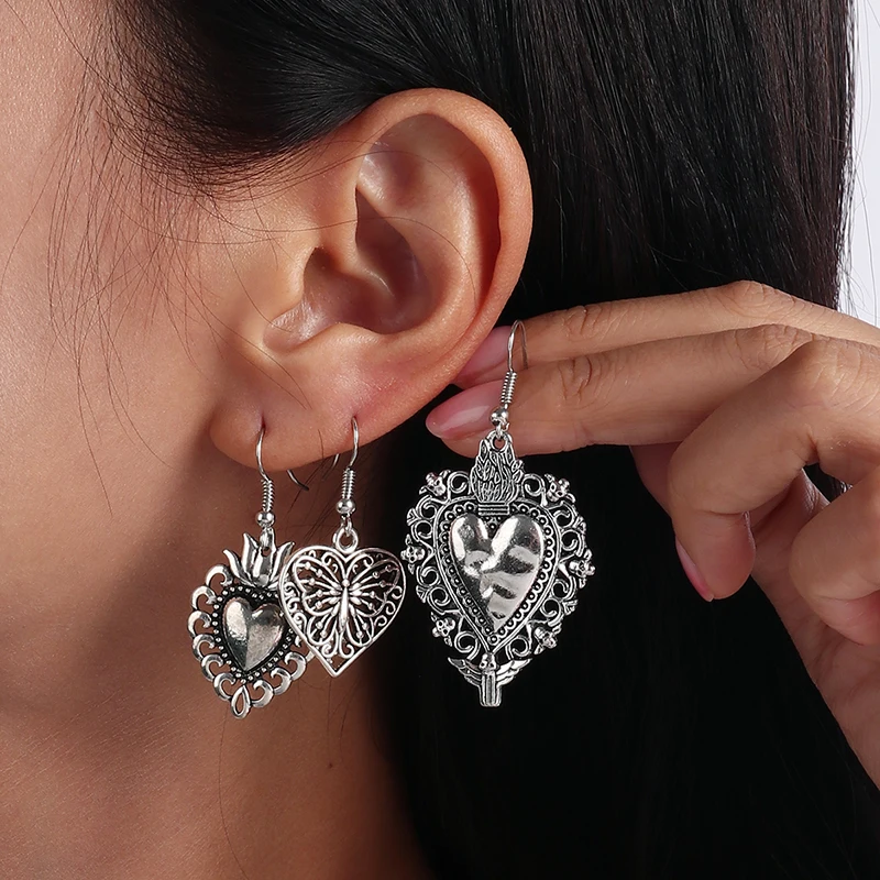 3 Paar/Set ethnische Metall-Ohrringe mit Liebesherz-Anhänger für Frauen und Mädchen, Party, Festival, Schmuck, Geschenke – Detail 1