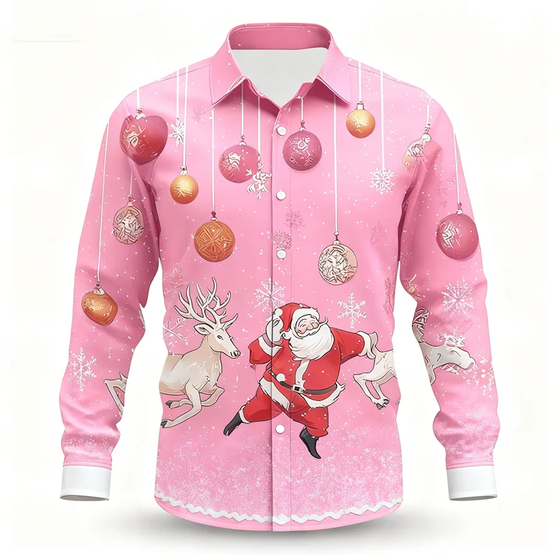 

Новая мужская рубашка с изображением Санта-Клауса и оленя, 3D принт, рождественский орнамент, дизайн, забавный воротник на пуговицах, праздничный топ с длинными рукавами