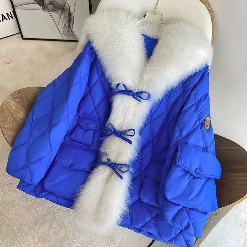 Winter Women Big Luxury Faux Fur Collar Down Coat Fluffy Loose Puffer Jacket Feather Female Parka Snow Coat Outwear Windproof