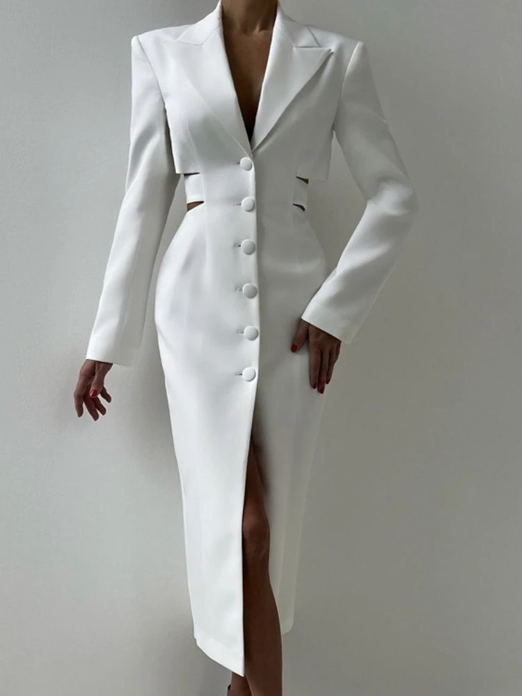 Women Single Breasted High Waist Tunics Mid-calf Blazer Dress Office Lady Chic Long Sleeve Hollow Out Bandage Slim Party Dresses