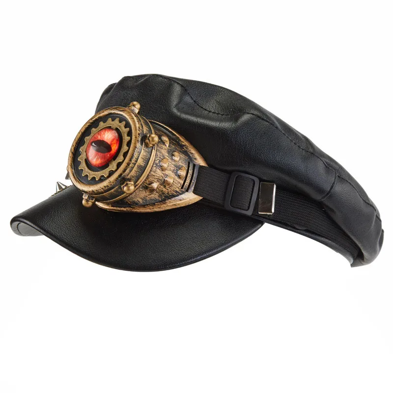 New Trendy Steampunk Newsboy Cap Black Pu Leather Punk Rivets Hat With Goggles Gothic Party Performance Cosplay Hat Accessory