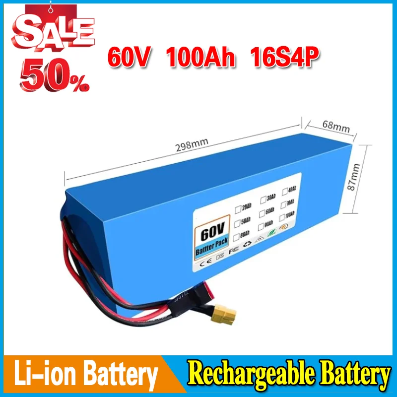 

High-Quality 18650 Lithium Battery Pack 60V 16S4P 100Ah Electric Bicycle Battery with Built-in A BMS