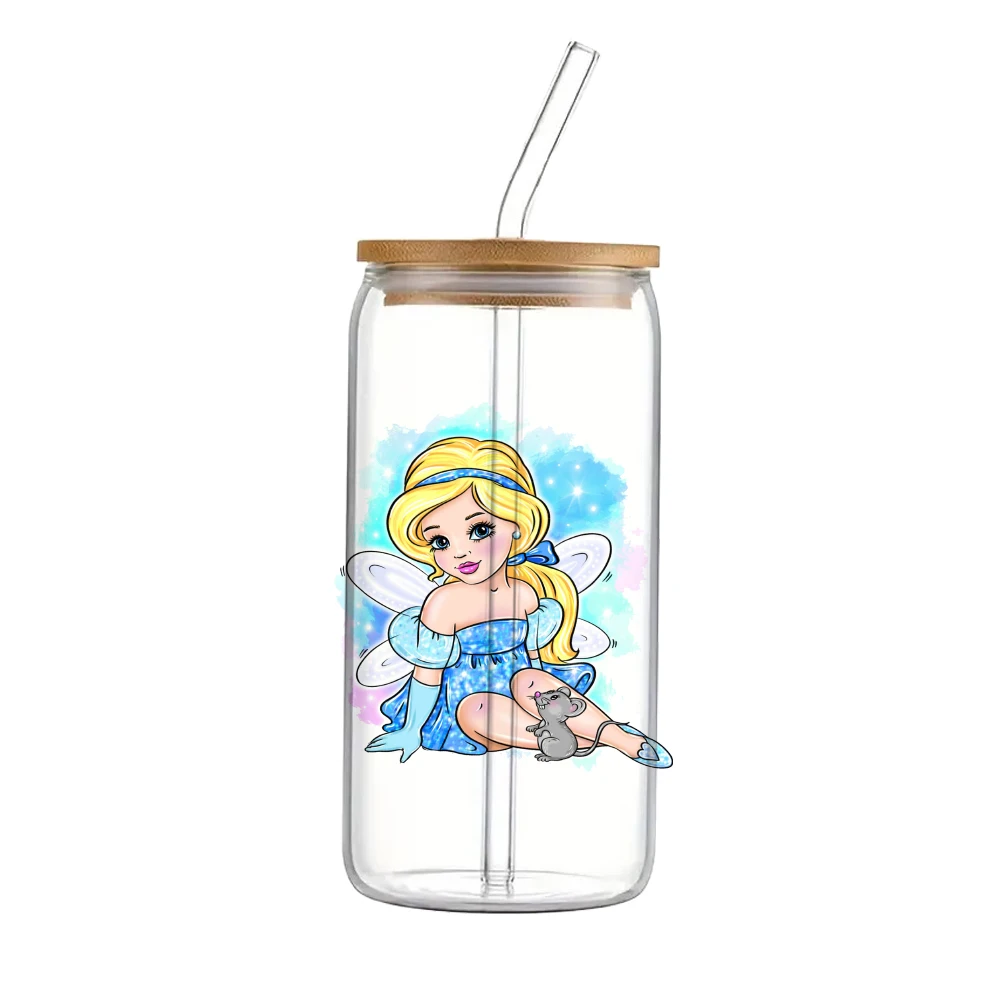 Disney Princess bayi perempuan untuk Libbey 16oz dapat kaca 3D tahan air UV DTF kopi dapat membungkus Libbey kaca bungkus 11x11cm