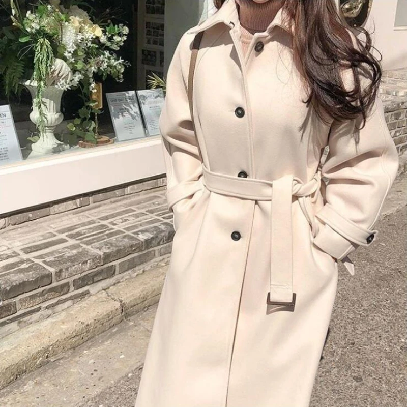 Women Long Wool Coat Autumn Fall Winter Blends Jacket Vintage Long Sleeve Outwear Suits Elegant Mujer Maxi Thick Windbreaker