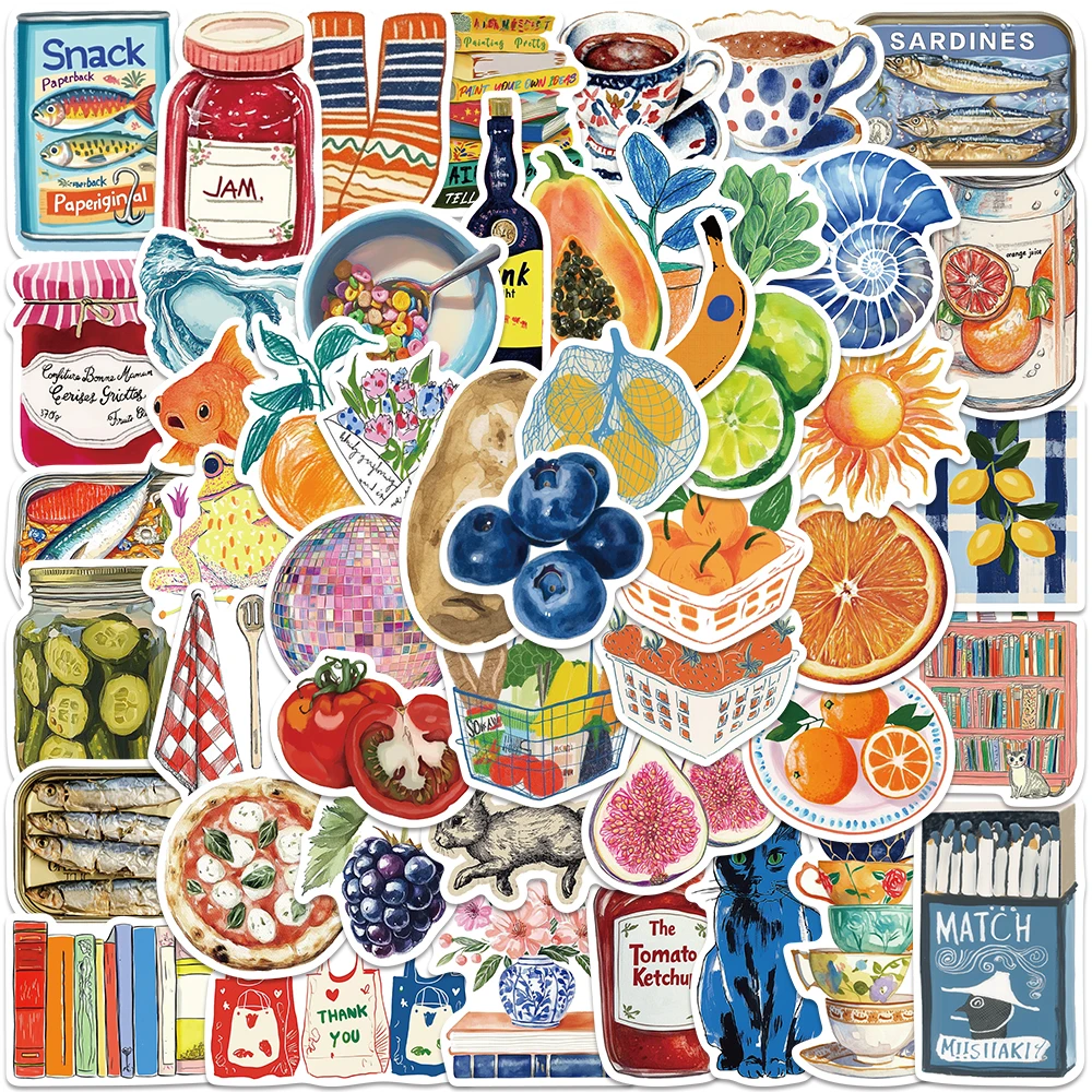 

50PCS Aesthetic Watercolor Food Life Stickers Room Decor Vintage Fruit Canned Pattern for Kids Adults Laptop Phone Case Decor