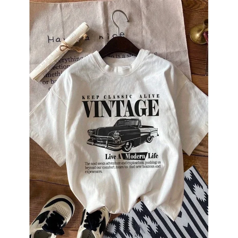 Retro Car Pattern Short Sleeve T-Shirt Men Breathable Comfortable Fashion Tee Summer Casual Top Streetwear Apparel