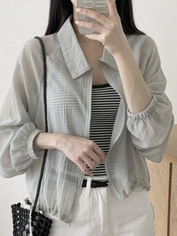 

Ladies Lightweight Breathable Summer irt Coat Sun Protection Dstring Top plus Size Pure Color Zipper ort Length