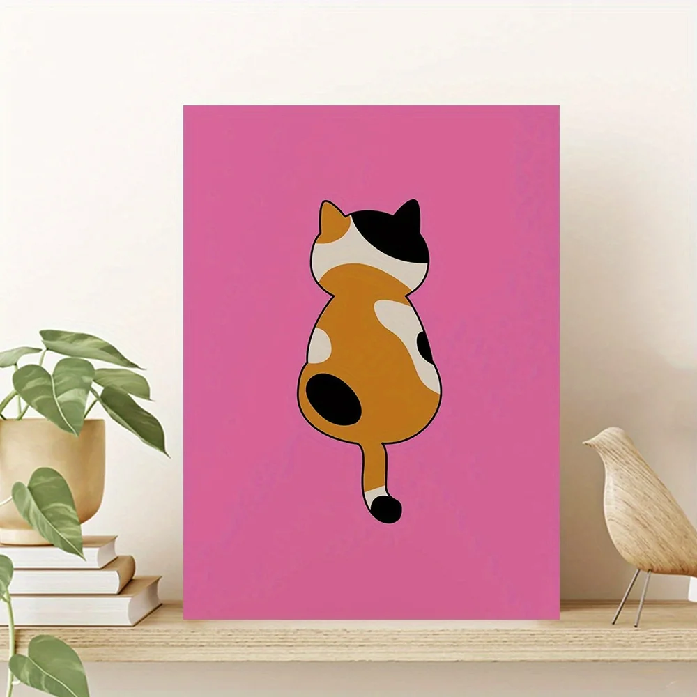 Cartoon Cat Canvas Print – Pink Background Art, Minimalist Animal Design, Frameless 12×16 Inches, for Home Offi
