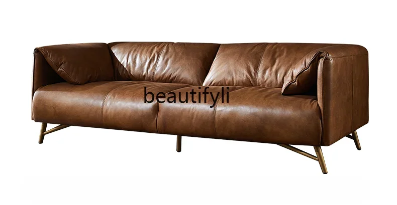 

Nordic Retro Leather Three-Seat Sofa First Layer Cowhide Living Room Small Apartment Oil Wax Leather