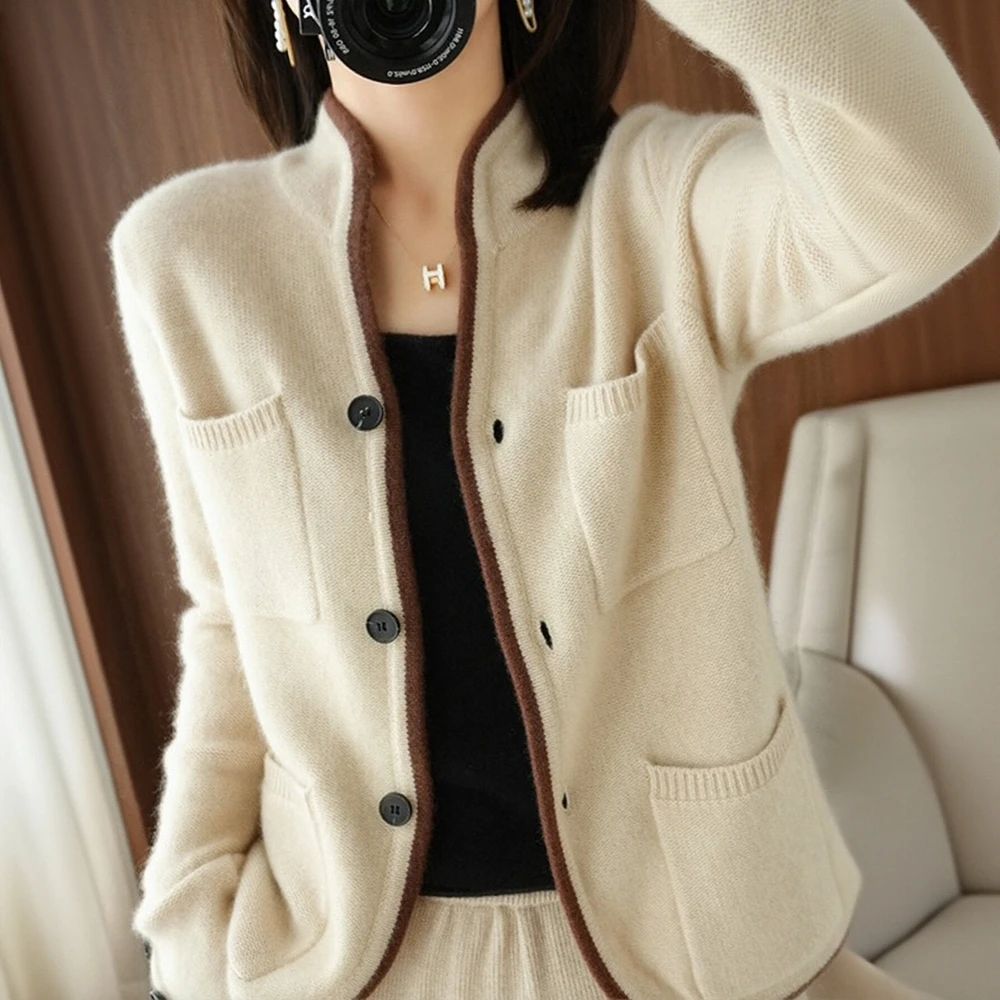 

Women's Long-Sleeved Buttoned Tie-Front Stand Collar Cardigans Casual Style for Autumn Winter Daily Wear